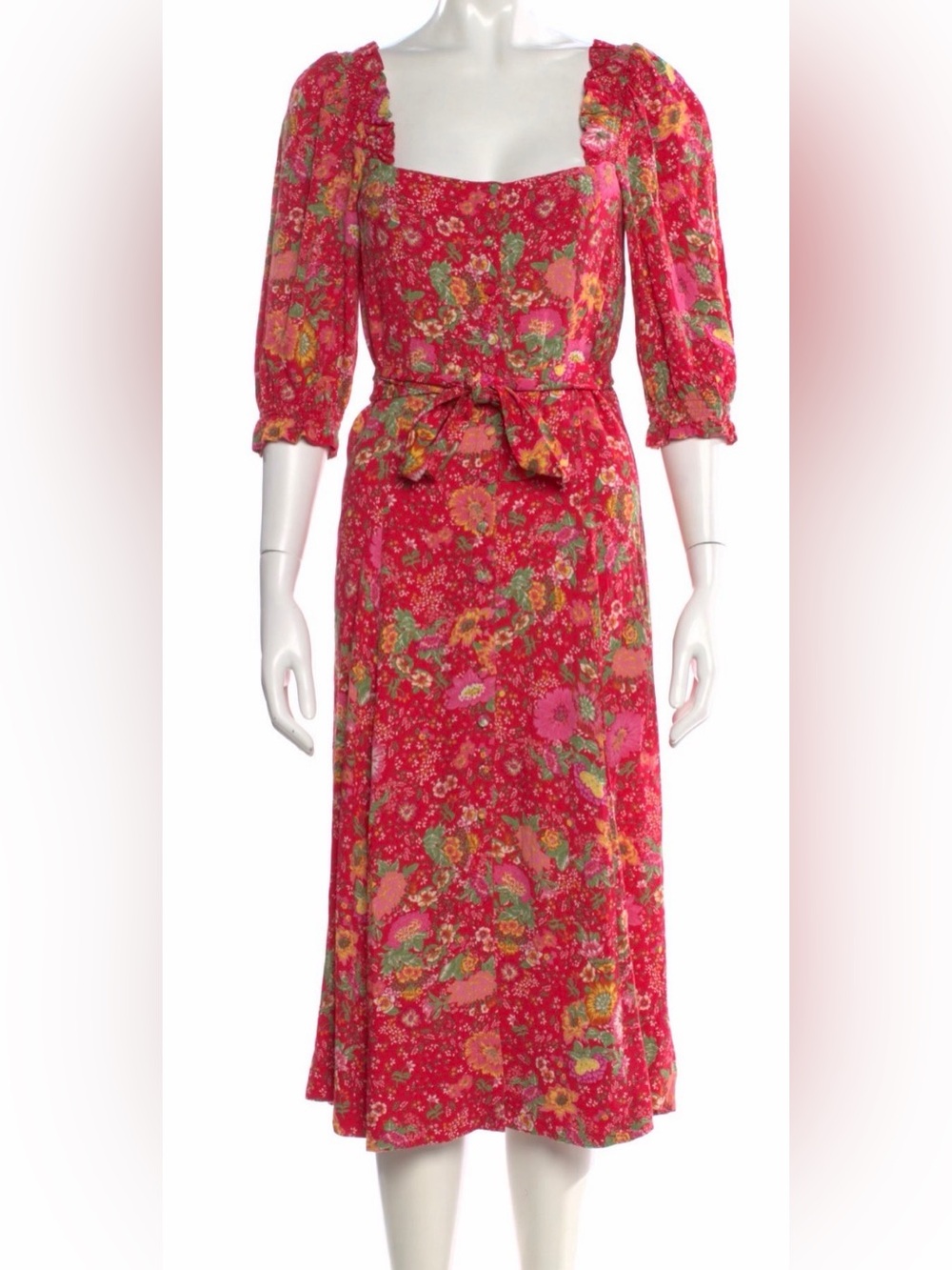 Sezane Pink Floral Square-Neck Midi Dress